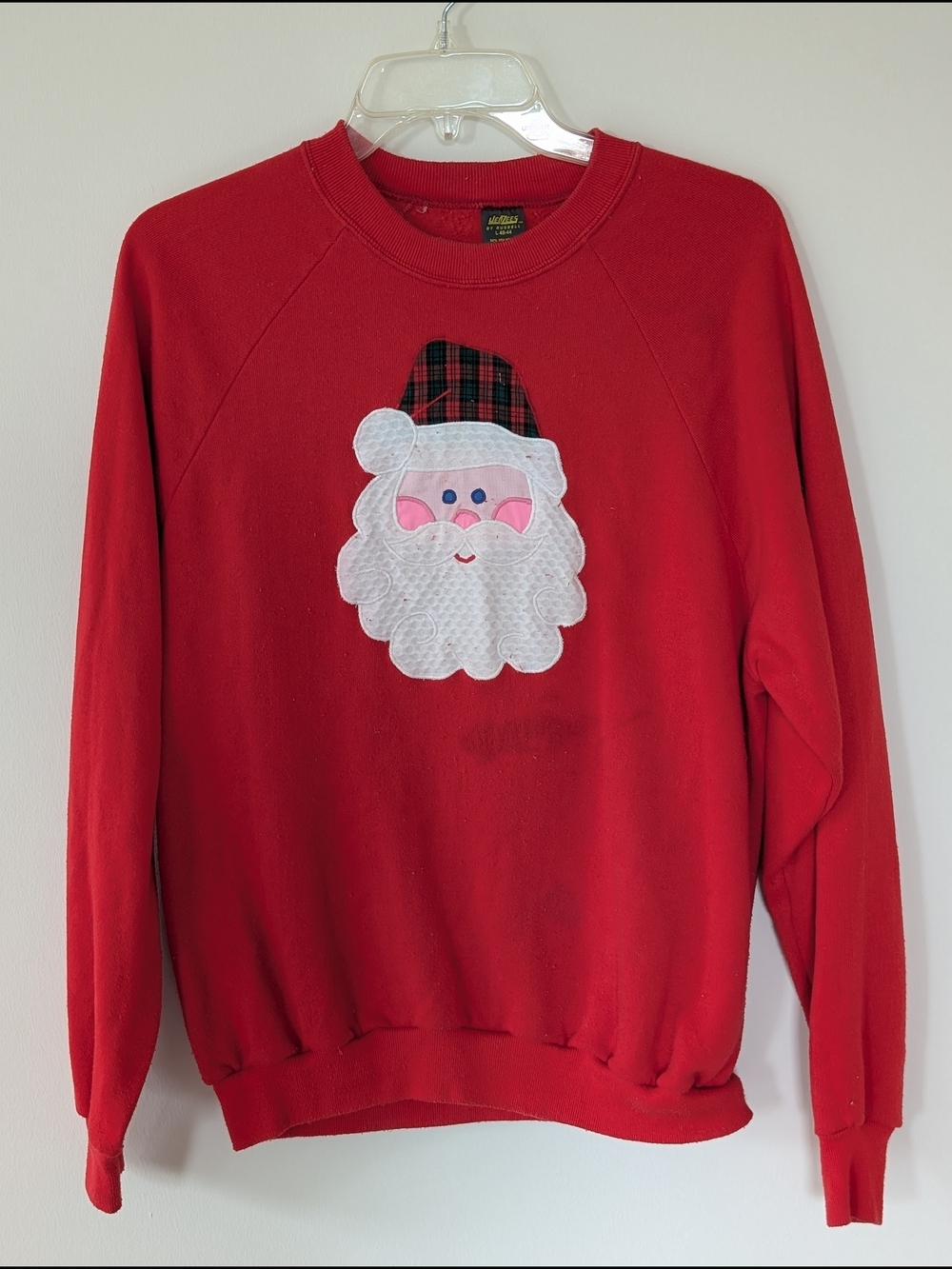 VTG 80s Jerzees Christmas Sweatshirt Santa Claus Embroidery Plaid Red Women's L